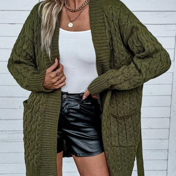 Army Green Casual Women's Solid Color Cable Knit V-Neck Cardigan - Picture 3 of 6